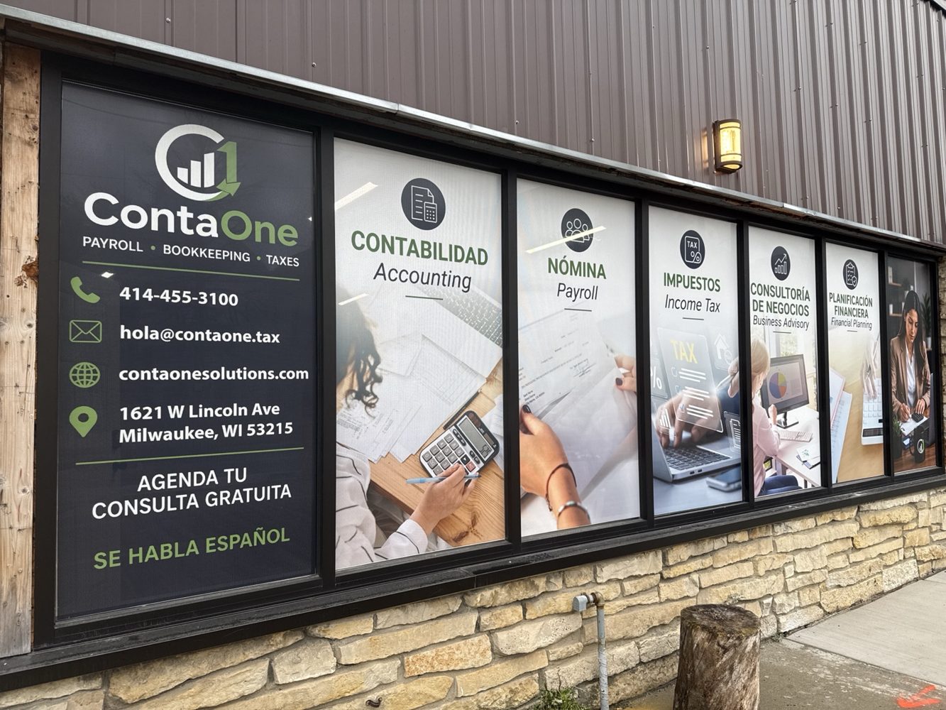 ContaOne office storefront at 1621 W Lincoln Ave in Milwaukee